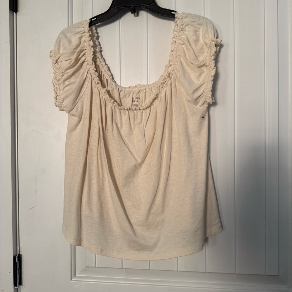 American Eagle Outfitters Cream Ruched Sleeve Peasant Top